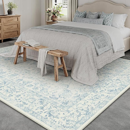 6x9 Blue Area Rug Non Slip Vintage Living Room Distressed Machine Washable Carpet Traditional Indoor Bedroom Blue Retro Floral Accent Throw Rug for Office Kitchen Dorm Dining Room