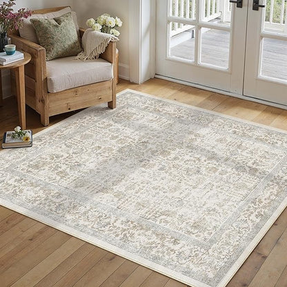 Taupe Area Rug 4x5 Office Entryway Rug Machine Washable Kitchen Vintage Distressed Non Slip Carpet Indoor Retro Floral Accent Throw Door Mat for Bathroom Bedroom Dining Living Room