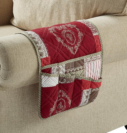 Brilliant Sunshine Burgundy Floral Patchwork Couch Armrest 5 Pockets Organizer, Slip Resistant Armchair Caddy, Washable Remote Controls Holder, Storage for Magazine, Tablet, iPad, 35×13", Burgundy