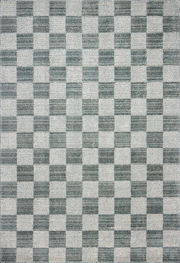Loloi Chris Loves Julia Calvin Collection CLV-01 Blue/Ivory 3'-6" x 5'-6" Accent Rug Checkered Neutral Soft Living Room Bedroom Carpet