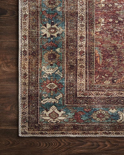 Loloi Layla Collection LAY-01 Brick/Blue 9'-0" x 12'-0" .13" Thick Area Rug, Soft, Durable, Vintage Inspired, Distressed, Low Pile, Non-Shedding, Easy Clean, Printed, Living Room Rug