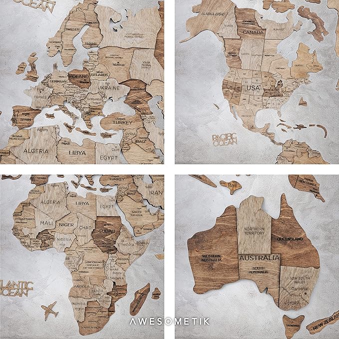 Handmade 3D Wood World Map Wall Art Large Wall Decor Track Your World Travels - Special for Home, Kitchen and Office (X-Large, Terra)