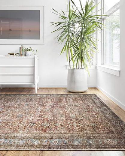 Loloi Layla Collection LAY-01 Brick/Blue 5'-0" x 7'-6" .13" Thick Area Rug, Soft, Durable, Vintage Inspired, Distressed, Low Pile, Non-Shedding, Easy Clean, Printed, Living Room Rug