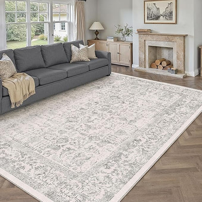 Gray Area Rug 10x12 Machine Washable Large Vintage Living Room Distressed Non Slip Carpet Traditional Indoor Bedroom Grey Retro Floral Accent Throw Rug for Office Kitchen Dining Room