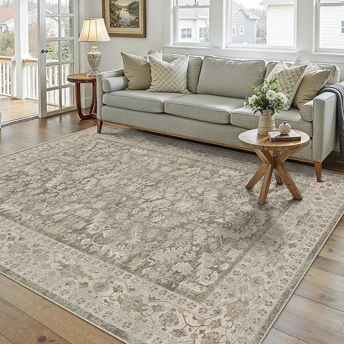 Brown 5x7 Area Rug Vintage Washable Living Room Carpet Non Slip Bedroom Indoor Office Low Pile Traditional Distressed Retro Accent Rug for Dining Room Bathroom Kitchen