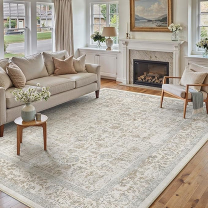 Taupe Area Rug 5x7 Machine Washable Vintage Living Room Distressed Non Slip Carpet Traditional Indoor Bedroom Retro Floral Accent Throw Large Rug for Office Kitchen Bathroom Dining Room