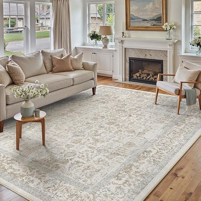 Taupe Area Rug 5x8 Machine Washable Vintage Living Room Distressed Non Slip Carpet Traditional Indoor Bedroom Retro Floral Accent Throw Large Rug for Office Kitchen Bathroom Dining Room
