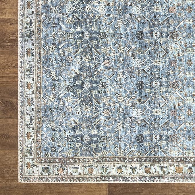 Bloom Rugs Washable Non-Slip 6' x 9' Rug - Blue/Beige Traditional Area Rug for Living Room, Bedroom, Dining Room, and Kitchen - Exact Size: 6' x 9'