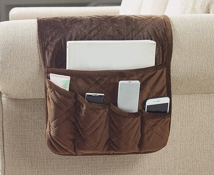 Brilliant Sunshine Chocolate Velvet Couch Armrest 5 Pockets Organizer, Slip Resistant Recliner Armchair Caddy, Washable Remote Controls Holder, Storage for Magazine, Tablet, iPad, 35×13", Chocolate