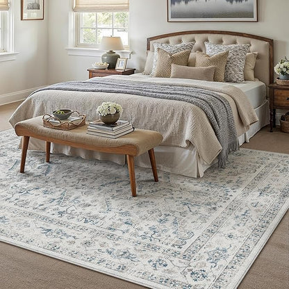 Blue 8x10 Area Rug Vintage Washable Living Room Carpet Non Slip Bedroom Indoor Office Low Pile Large Traditional Distressed Retro Accent Rug for Dining Room Bathroom Kitchen