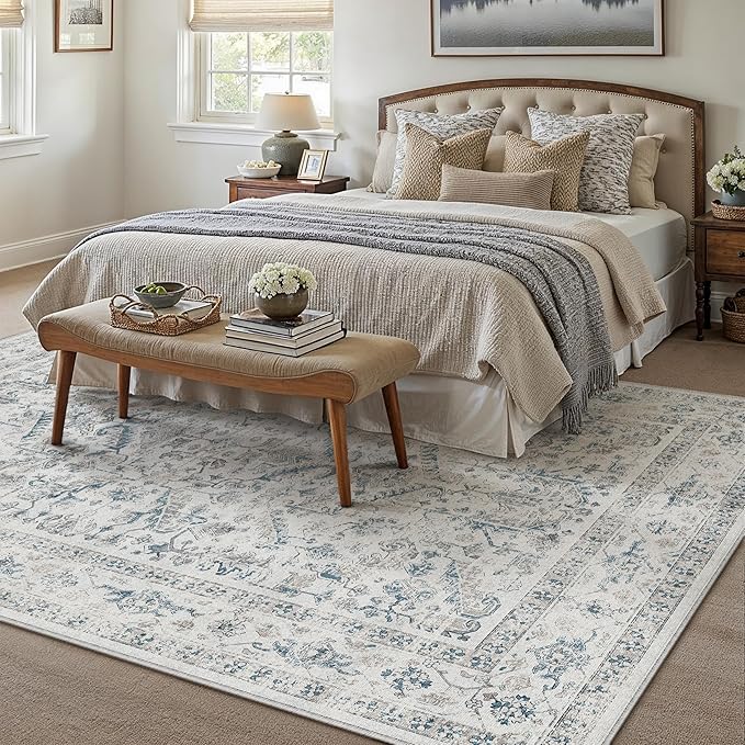Blue 6x9 Area Rug Vintage Washable Living Room Carpet Non Slip Bedroom Indoor Office Low Pile Large Traditional Distressed Retro Accent Rug for Dining Room Bathroom Kitchen
