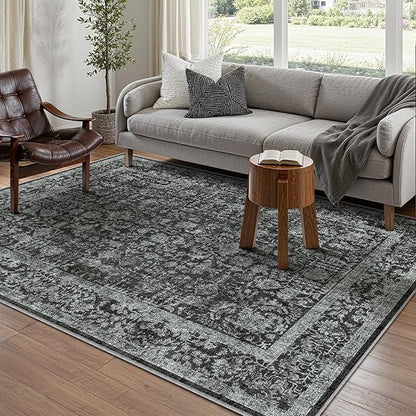 Dark Black Area Rug 6x9 Machine Washable Vintage Living Room Distressed Non Slip Carpet Traditional Indoor Bedroom Retro Floral Accent Throw Large Rug for Office Kitchen Dining Room