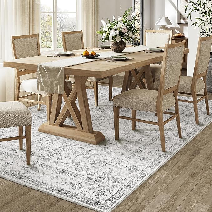 Grey 5x8 Area Rug Vintage Washable Living Room Carpet Non Slip Neutral Bedroom Indoor Office Low Pile Traditional Distressed Retro Gray Accent Rug for Dining Room Bathroom Kitchen