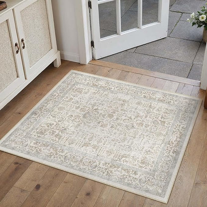 Taupe Entryway Area Rug 2x3 Door Mat Machine Washable Kitchen Vintage Distressed Non Slip Carpet Indoor Retro Floral Accent Throw Small Rug for Bathroom Office Bedroom Dining Living Room