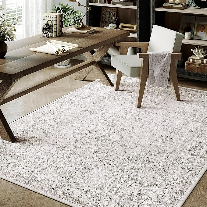 Gray Area Rug 4x5 Office Entryway Rug Machine Washable Kitchen Vintage Distressed Non Slip Carpet Indoor Grey Retro Floral Accent Throw Door Mat for Bathroom Bedroom Dining Living Room