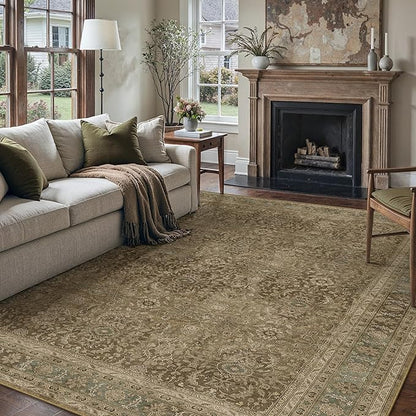Brown 8x10 Area Rug Washable Vintage Carpet for Living Room Bedroom Large Soft Retro Floral Low Pile Thin Indoor Rug Non Slip Traditional Distressed Floor Cover for Dining Room Office