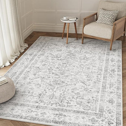 Grey 5x8 Area Rug Vintage Washable Living Room Carpet Non Slip Neutral Bedroom Indoor Office Low Pile Traditional Distressed Retro Gray Accent Rug for Dining Room Bathroom Kitchen