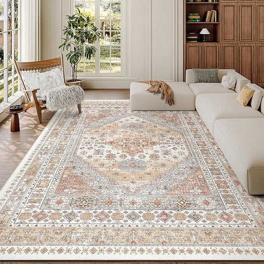 zesthome 7x9 Area Rug, Super Soft Washable Rugs for Living Room, Non-Slip Stain Resistant Vintage Rugs, Ultra-Thin Large Area Rugs (Orange,7'x9')
