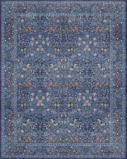 Dark Blue Living Room Rug 8x10, Vintage Floral Washable Area Rugs for Bedroom, Dining Room Under Kitchen Table, Oriental Low Pile Stain Resistant Non-Slip Large Navy Decor