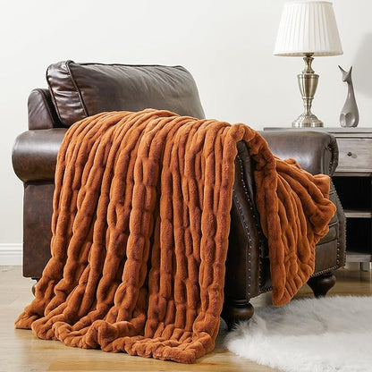 BATTILO HOME Burnt Orange Faux Fur Throw Blanket for Couch, Double Side Ruched Reversible Rabbit Fur Blanket for Bed, Sofa, Cozy Soft Mink Blanket, Fall Throw Blanket Fall Decor, 50x60 Inches