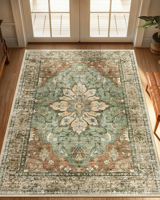 Area Rugs 3'x4' Washable Non-Slip, Floral Vintage Distress Print Pattern Medallion Carpet for Living Room Bedroom Dining Room, Brick Red Rust Neutral Brown Burnt Orange Green