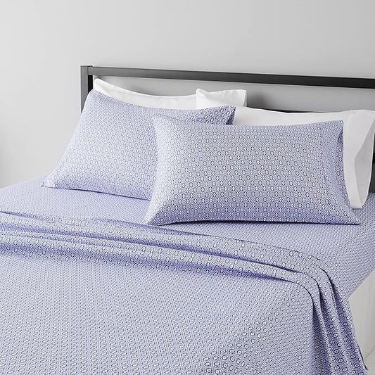 Amazon Basics Lightweight Super Soft Easy Care Microfiber 4 Piece Bed Sheet Set With 14" Deep Pockets, Queen, Blue Damask, Printed