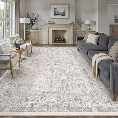 Gray Area Rug 10x12 Machine Washable Large Vintage Living Room Distressed Non Slip Carpet Traditional Indoor Bedroom Grey Retro Floral Accent Throw Rug for Office Kitchen Dining Room