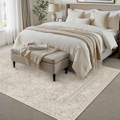 Beige 8x10 Area Rug Washable Vintage Carpet for Living Room Bedroom Large Soft Retro Floral Low Pile Thin Indoor Rug Non Slip Central Medallion Floor Cover for Dining Room Office