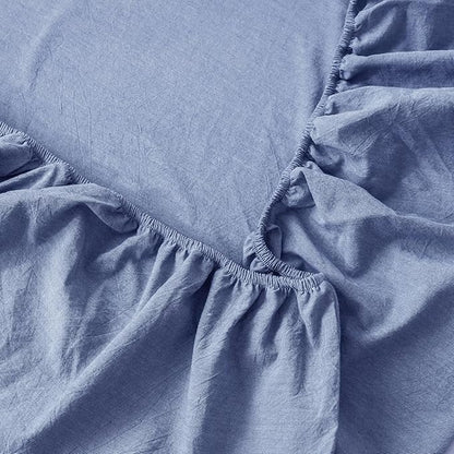 MooMee Fitted Bottom Sheet Only 100% Washed Cotton Linen Like Textured Breathable Durable Soft Comfy Deep Pocket Fits Mattress up to 17" (Blue, Queen) New