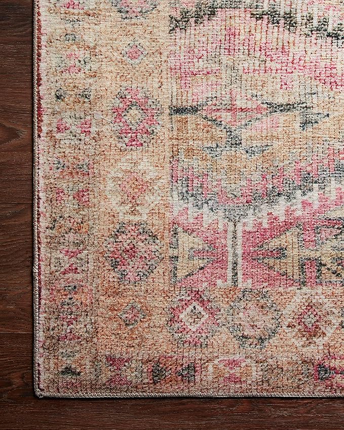Loloi Layla Collection LAY-17 Pink/Lagoon 3'-6" x 5'-6" .13" Thick Accent Rug, Soft, Durable, Vintage Inspired, Distressed, Low Pile, Non-Shedding, Easy Clean, Printed, Living Room Rug
