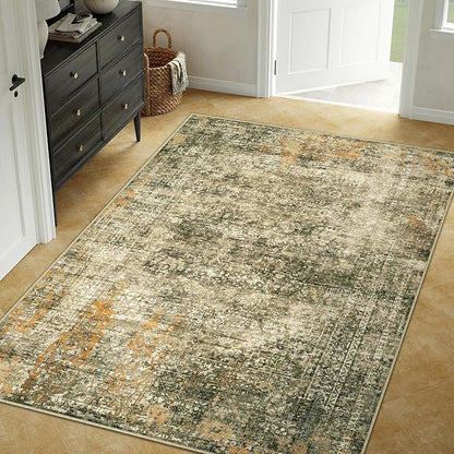 Area Rug 5x7 Brown Washable Non-Slip Lightweight Floral Vintage Distress Print Rug for Living Room Low Pile Soft Throw Indoor Carpet for Office College Dorm Laundry Dining Room Bedroom
