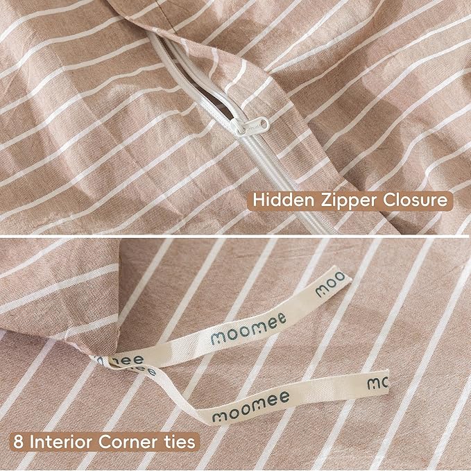 MooMee Striped Duvet Cover Set 100% Washed Cotton Linen Like Textured Breathable Durable Soft Comfy (Orange White Wide Stripes, Twin 68"x90")