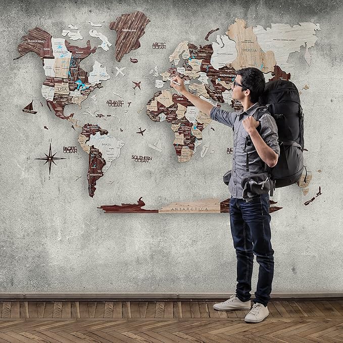 Handmade 3D Wood World Map Wall Art Large Wall Decor Track Your World Travels - Special for Home, Kitchen and Office (Large, Cappuccino)