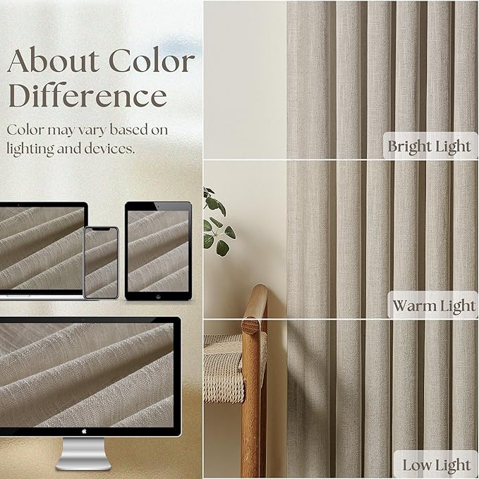 Extra Wide Curtains 60 Inch Width 84 Inches Long for Living Room Bedroom Light Filtering Semi Sheer Farmhouse Pleated Curtain Hooks Rings for Patio Sliding Door Large Window Burlywood Taupe 1 Panel