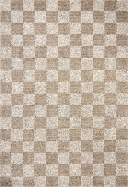 Loloi Chris Loves Julia Calvin Collection CLV-01 Pebble/Ivory 11'-6" x 15'-7" Area Rug Checkered Neutral Soft Living Room Bedroom Carpet
