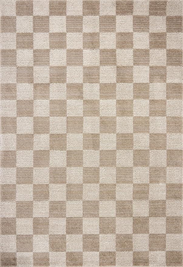 Loloi Chris Loves Julia Calvin Collection CLV-01 Pebble/Ivory 5'-3" x 5'-3" Round Area Rug Checkered Neutral Soft Living Room Bedroom Carpet