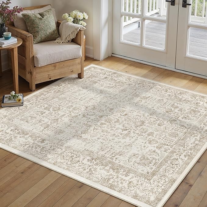 Light Brown Area Rug 3x5 Office Entryway Rug Machine Washable Kitchen Vintage Distressed Non Slip Carpet Indoor Retro Floral Accent Throw Door Mat for Bathroom Bedroom Dining Living Room