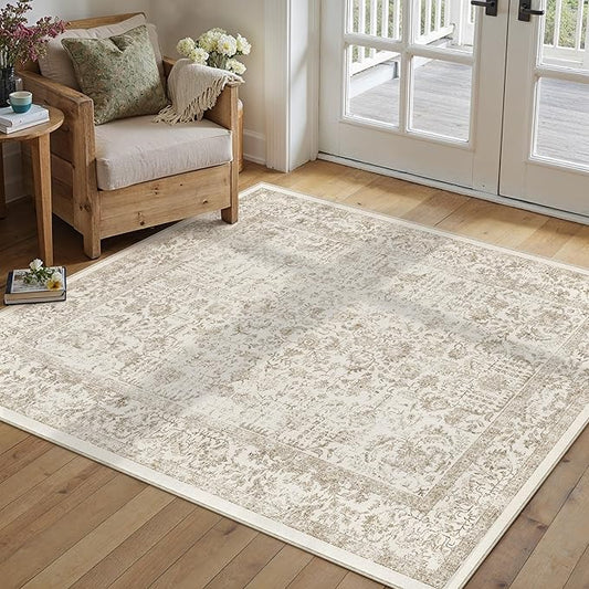 Light Brown Area Rug 4x5 Office Entryway Rug Machine Washable Kitchen Vintage Distressed Non Slip Carpet Indoor Retro Floral Accent Throw Door Mat for Bathroom Bedroom Dining Living Room