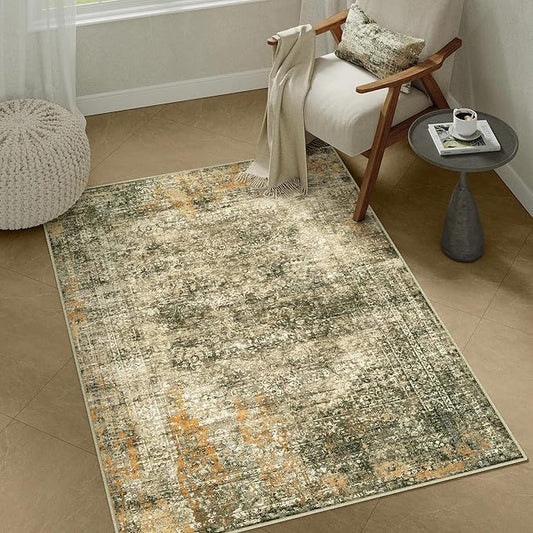 Area Rug 3x5 Brown Washable Non-Slip Lightweight Floral Vintage Distress Print Rug for Living Room Low Pile Soft Throw Indoor Carpet for Office College Dorm Laundry Dining Room Bedroom