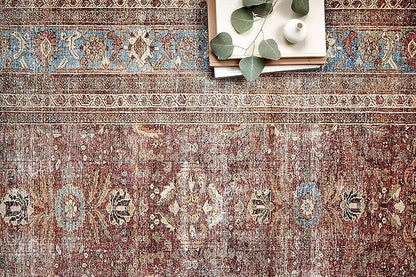 Loloi Layla Collection LAY-01 Brick/Blue 9'-0" x 12'-0" .13" Thick Area Rug, Soft, Durable, Vintage Inspired, Distressed, Low Pile, Non-Shedding, Easy Clean, Printed, Living Room Rug