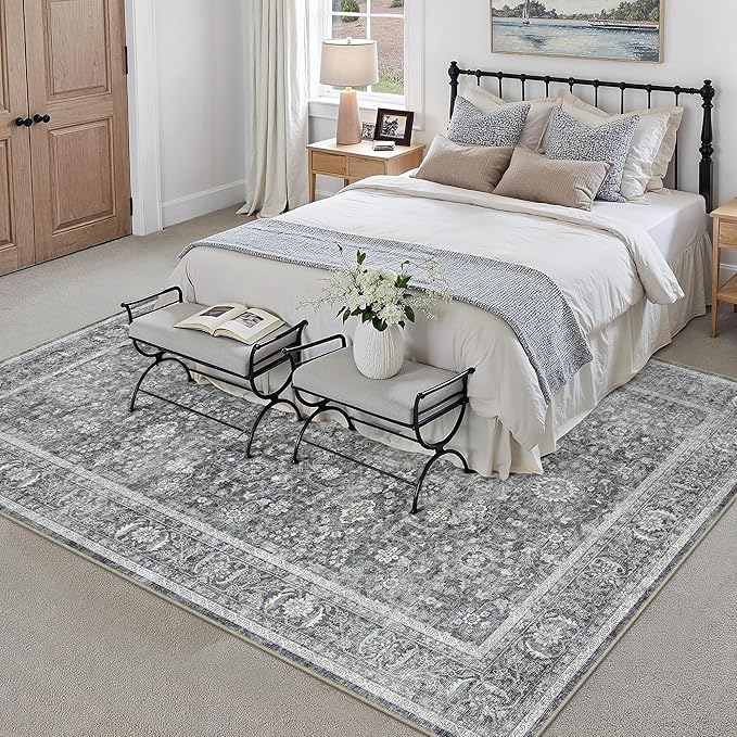 Blue 8x10 Area Rug Non Slip Large Vintage Living Room Distressed Machine Washable Retro Carpet Indoor Bedroom Traditional Floral Accent Throw Rug for Office Kitchen Dorm Dining Room
