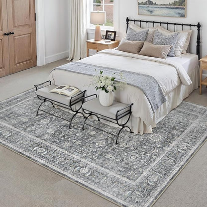 Blue 6x9 Area Rug Non Slip Vintage Living Room Distressed Machine Washable Carpet Retro Indoor Bedroom Traditional Floral Accent Throw Rug for Office Kitchen Dorm Dining Room