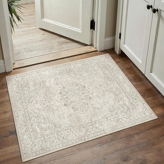 Beige 2x3 Area Rug Washable Vintage Small Carpet for Entryway Kitchen Soft Retro Floral Low Pile Thin Door Mat Non Slip Central Medallion Throw Rug for Bathroom Office Bedroom Dining Room
