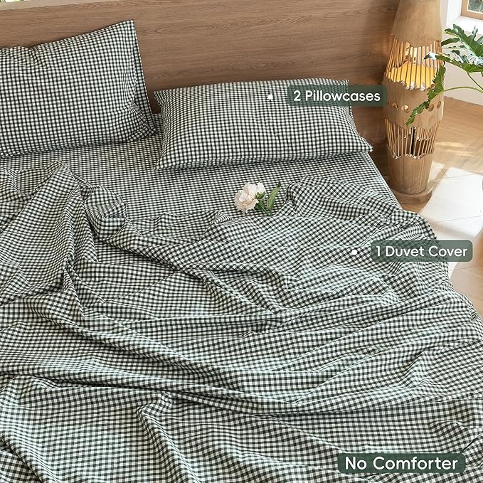 MooMee Gingham Duvet Cover Set 100% Washed Cotton Linen Like Textured Breathable Durable Soft Comfy Modern Checkered Design (Mini Gingham Forest Green, Oversized Full 82"x86")