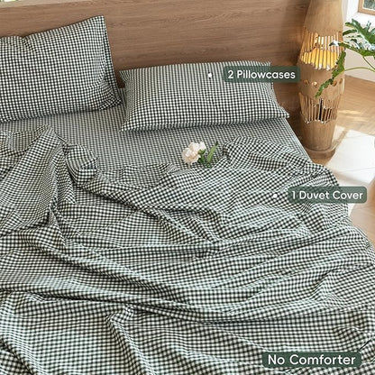 MooMee Gingham Duvet Cover Set 100% Washed Cotton Linen Like Textured Breathable Durable Soft Comfy Modern Checkered Design (Mini Gingham Forest Green, Oversized Full 82"x86")