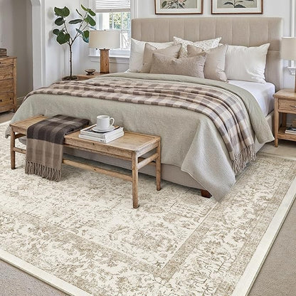Light Brown Area Rug 9x12 Machine Washable Large Vintage Living Room Distressed Non Slip Carpet Traditional Indoor Bedroom Retro Floral Accent Throw Rug for Office Kitchen Dining Room