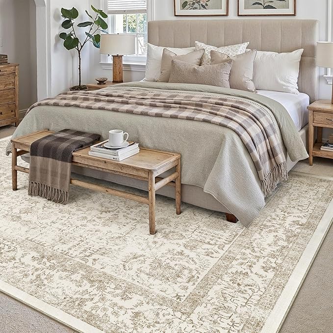 Light Brown Area Rug 6x9 Machine Washable Vintage Living Room Distressed Non Slip Carpet Traditional Indoor Bedroom Retro Floral Accent Throw Large Rug for Office Kitchen Dining Room
