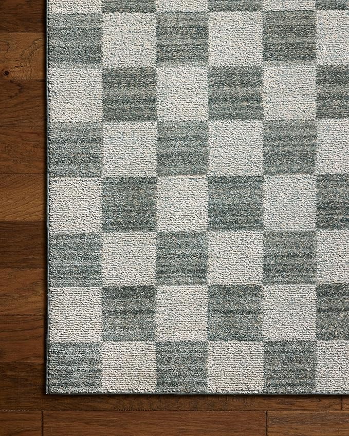 Loloi Chris Loves Julia Calvin Collection CLV-01 Blue/Ivory 7'-10" x 7'-10" Round Area Rug Checkered Neutral Soft Living Room Bedroom Carpet