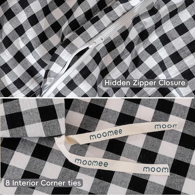 MooMee Gingham Duvet Cover Set 100% Washed Cotton Linen Like Textured Breathable Durable Soft Comfy Modern Checkered Design (Black White Gingham, Full 80"x90")