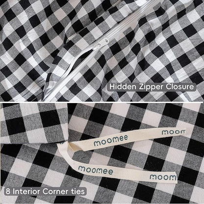 MooMee Gingham Duvet Cover Set 100% Washed Cotton Linen Like Textured Breathable Durable Soft Comfy Modern Checkered Design (Black White Gingham, Oversized Queen 98"x98")